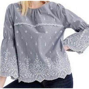 J. Crew Tunic Top Blue/White Pinstripe Embroidered Bell Sleeves Scalloped Sz S